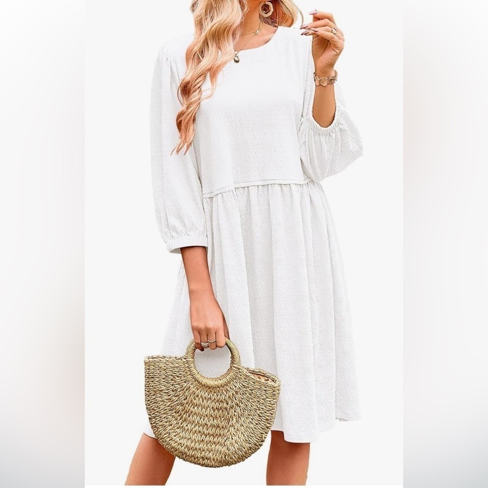 NWT Casual Summer Dress Crew Neck 3/4 Puff Sleeve Tunic Textured  Mini Babydoll
